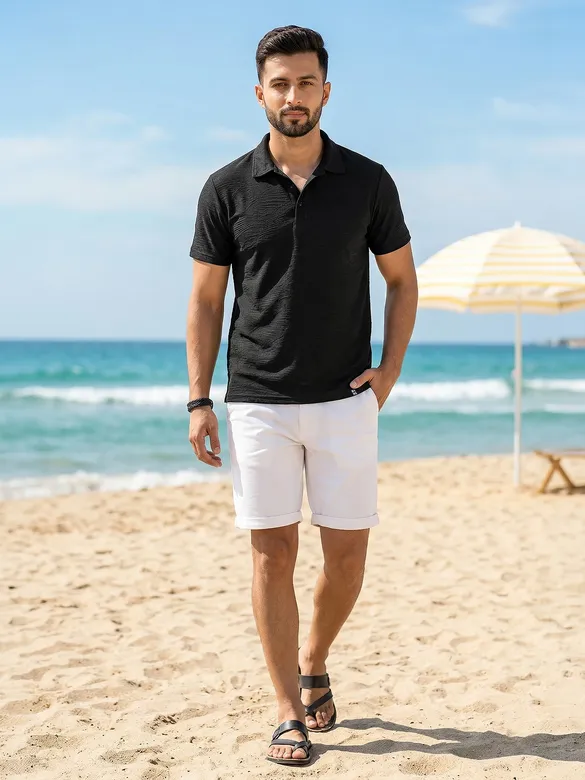 Black Brush Stroke Jacquard Textured Polo T-Shirt