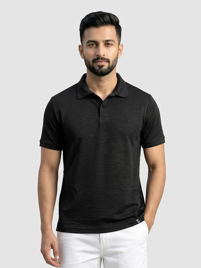 Black Brush Stroke Jacquard Textured Polo T-Shirt