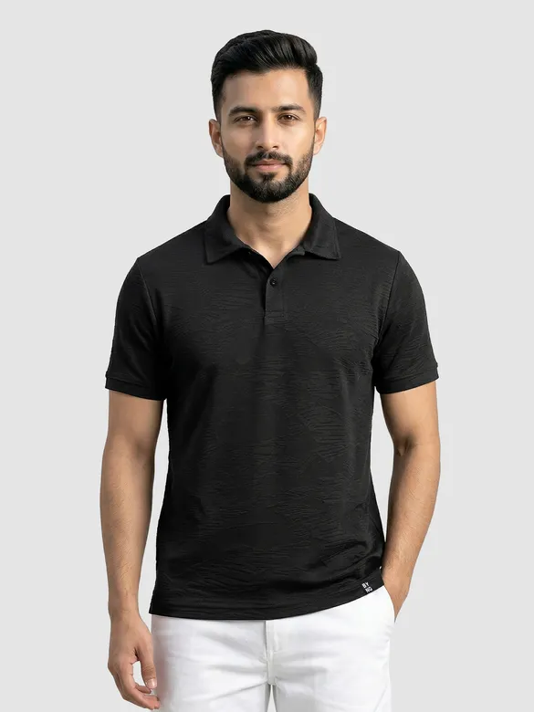 Black Brush Stroke Jacquard Textured Polo T-Shirt
