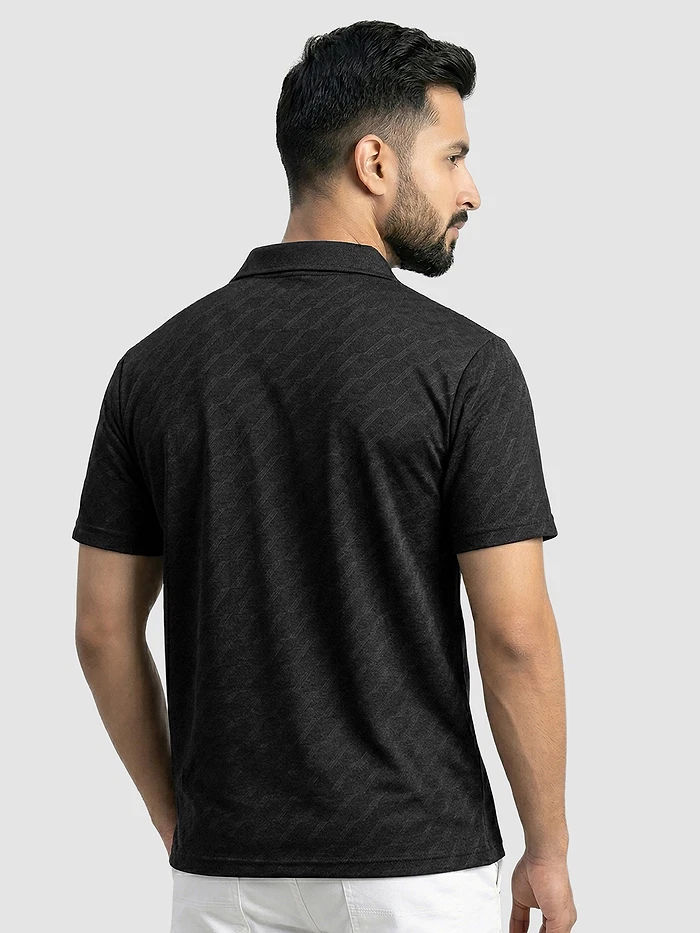 Black Wave Jacquard Textured Polo T-Shirt