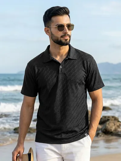 Black Wave Jacquard Textured Polo T-Shirt