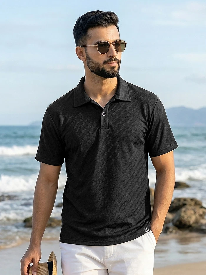 Black Wave Jacquard Textured Polo T-Shirt