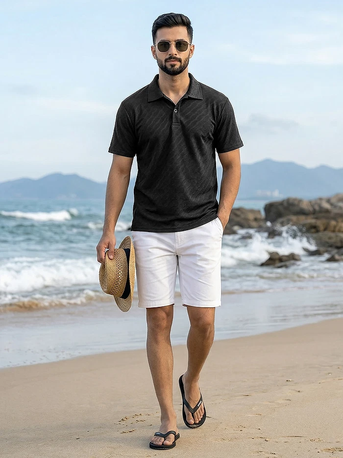 Black Wave Jacquard Textured Polo T-Shirt