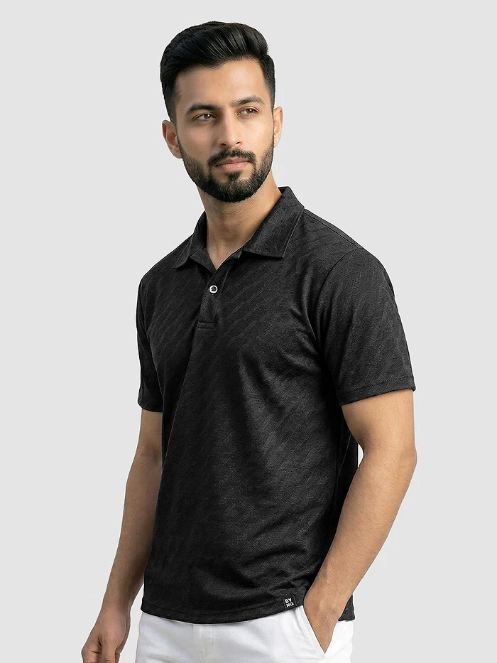 Black Wave Jacquard Textured Polo T-Shirt