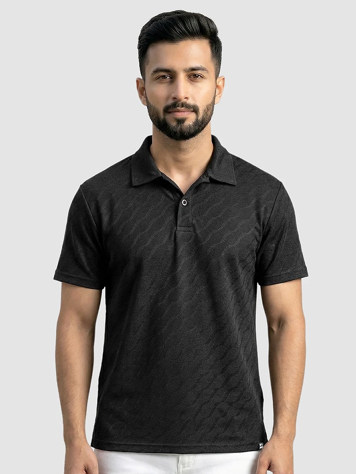 Black Wave Jacquard Textured Polo T-Shirt