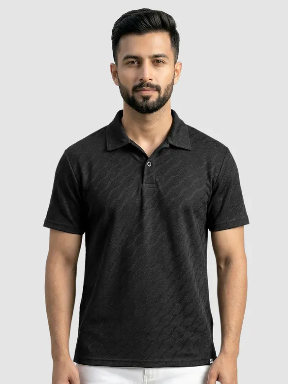 Black Wave Jacquard Textured Polo T-Shirt