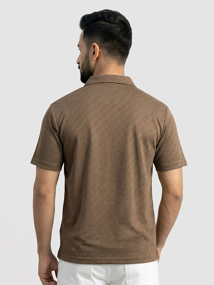Brown Wave Jacquard Textured Polo T-Shirt