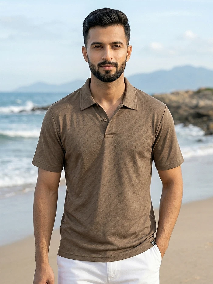 Brown Wave Jacquard Textured Polo T-Shirt
