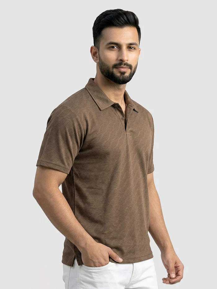 Brown Wave Jacquard Textured Polo T-Shirt
