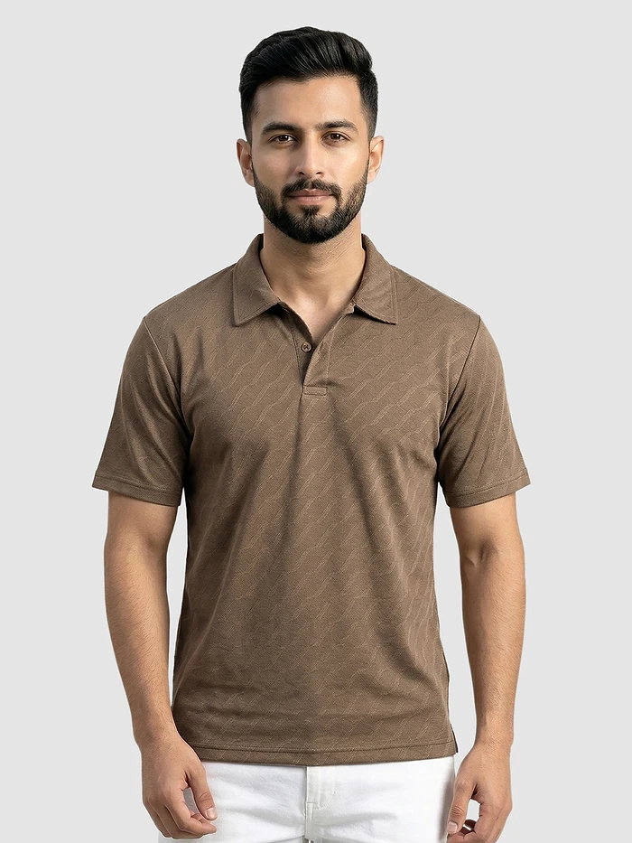 Brown Wave Jacquard Textured Polo T-Shirt
