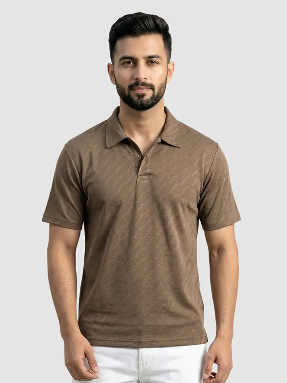 Brown Wave Jacquard Textured Polo T-Shirt