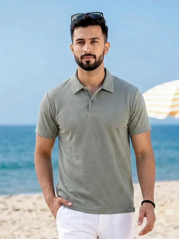 Grey Diamond Jacquard Textured Polo T-Shirt 