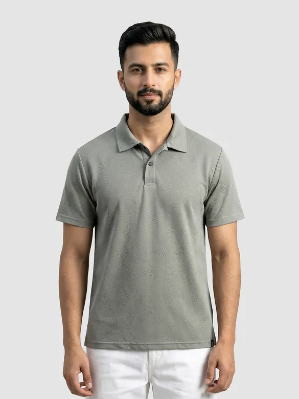Grey Diamond Jacquard Textured Polo T-Shirt