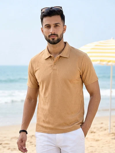 Maple Orange Diamond Jacquard Textured Polo T-Shirt 