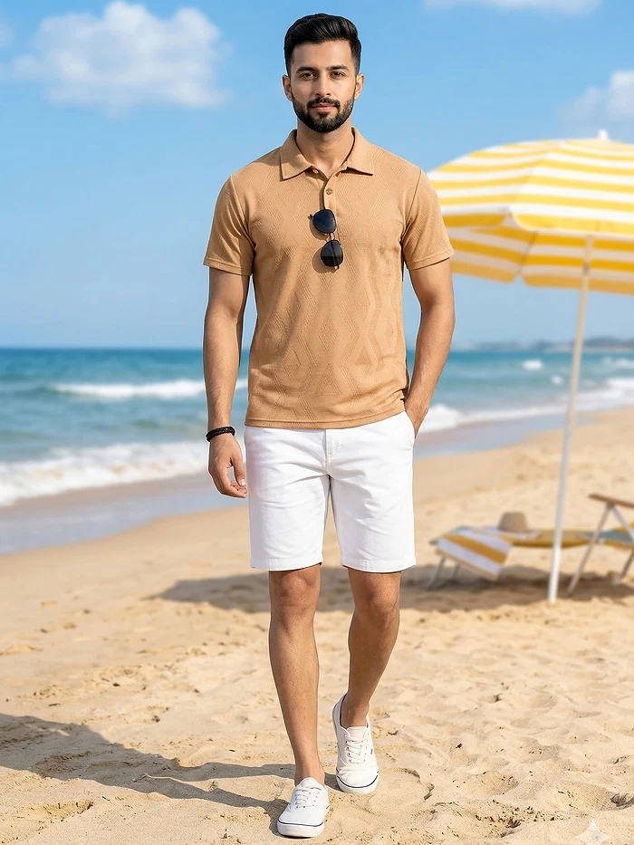 Maple Orange Diamond Jacquard Textured Polo T-Shirt