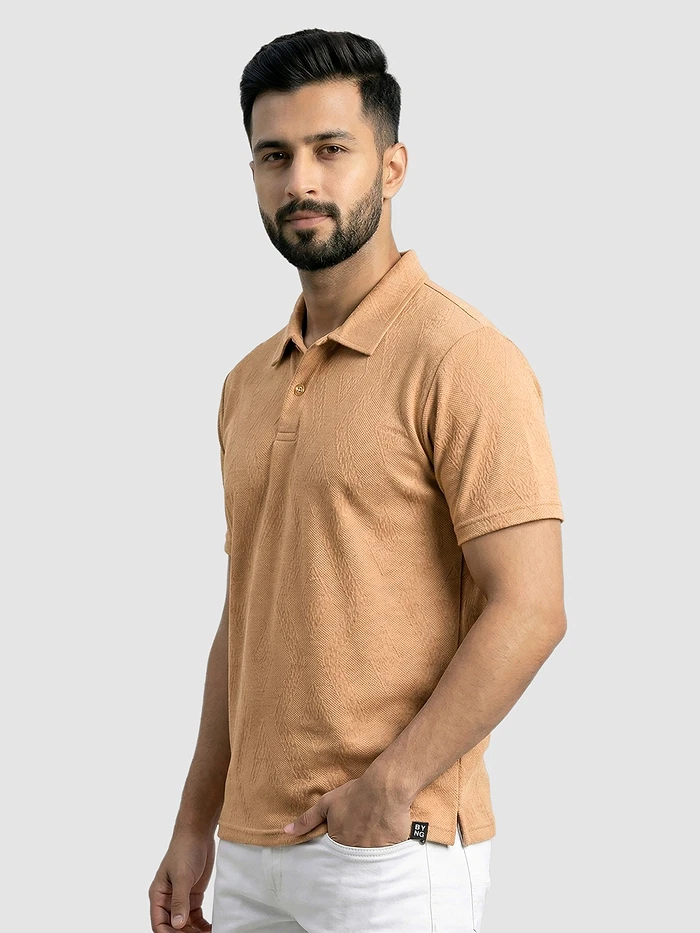 Maple Orange Diamond Jacquard Textured Polo T-Shirt