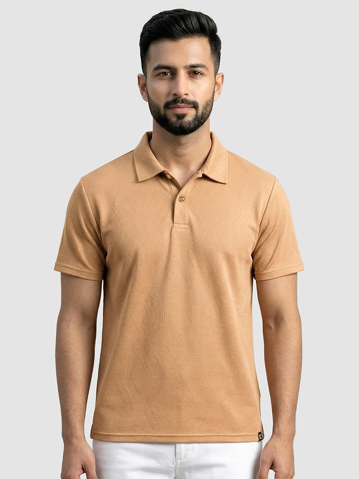 Maple Orange Diamond Jacquard Textured Polo T-Shirt
