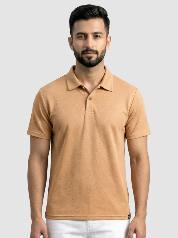 Maple Orange Diamond Jacquard Textured Polo T-Shirt