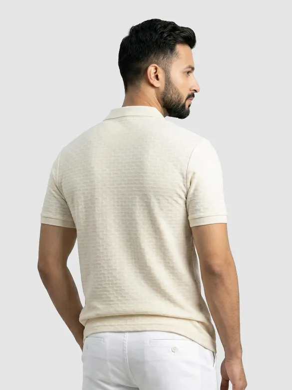 Off White Check Jacquard Textured Polo T-Shirt