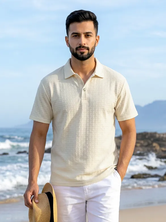 Off White Check Jacquard Textured Polo T-Shirt