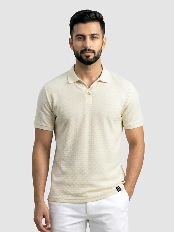 Off White Check Jacquard Textured Polo T-Shirt