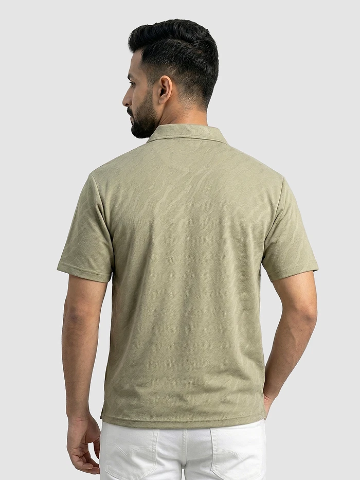 Sage Green Wave Jacquard Textured Polo T-Shirt