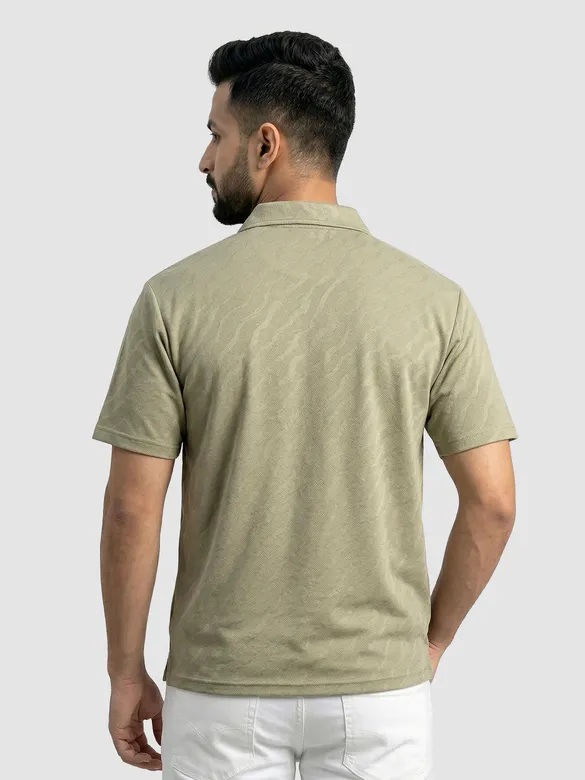 Sage Green Wave Jacquard Textured Polo T-Shirt