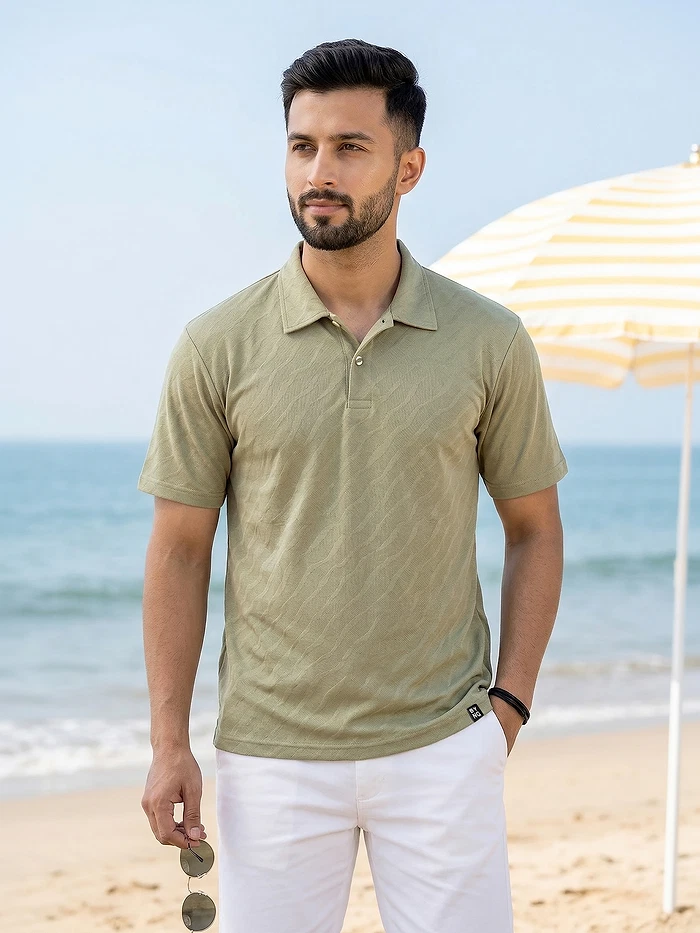 Sage Green Wave Jacquard Textured Polo T-Shirt