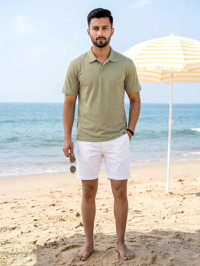 Sage Green Wave Jacquard Textured Polo T-Shirt