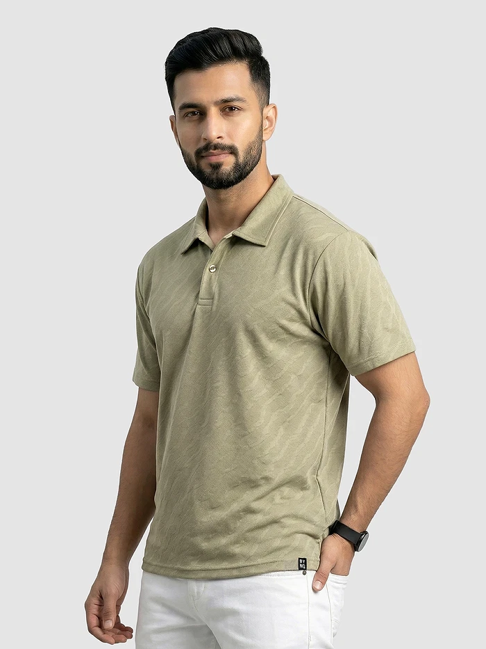 Sage Green Wave Jacquard Textured Polo T-Shirt