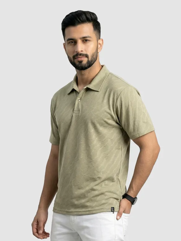 Sage Green Wave Jacquard Textured Polo T-Shirt