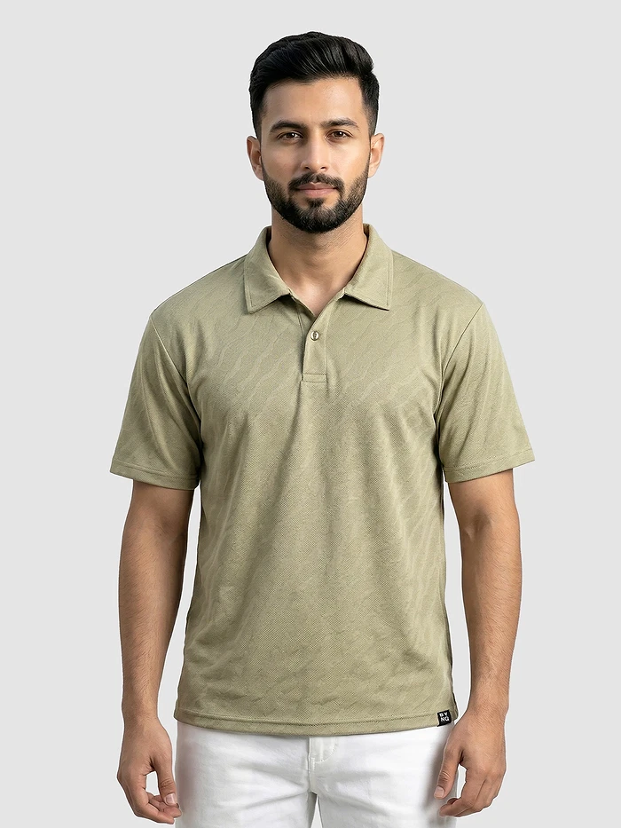 Sage Green Wave Jacquard Textured Polo T-Shirt