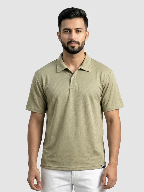 Sage Green Wave Jacquard Textured Polo T-Shirt