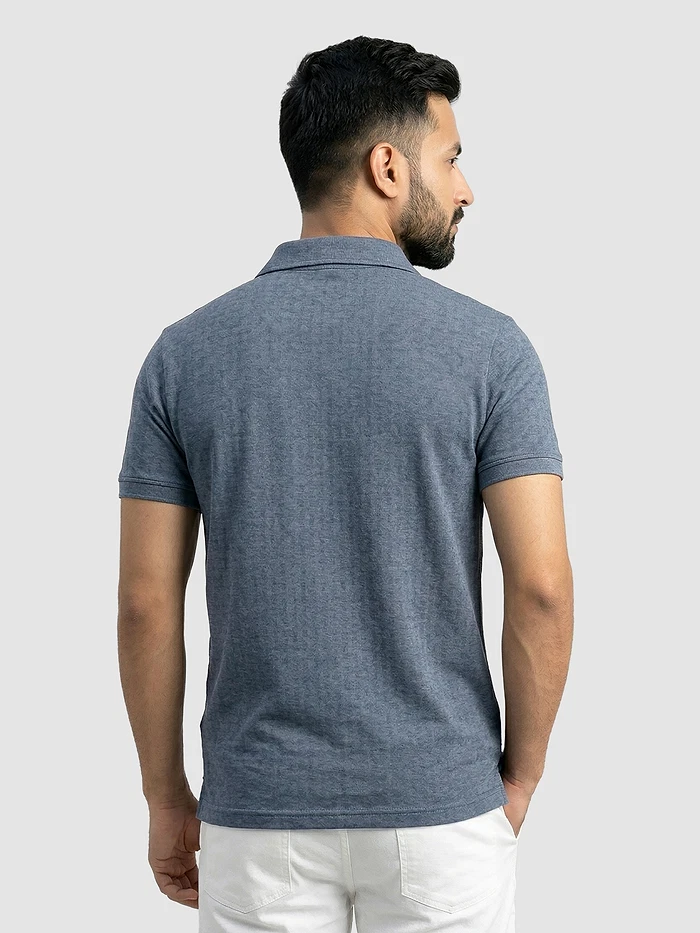 Teal Blue Check Jacquard Textured Polo T-Shirt