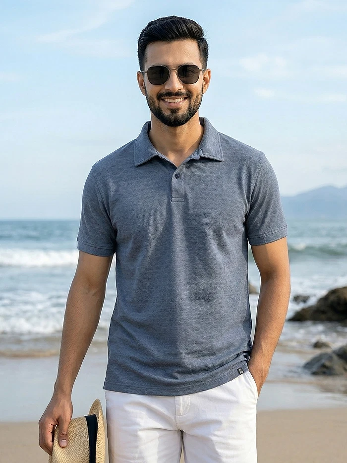 Teal Blue Check Jacquard Textured Polo T-Shirt