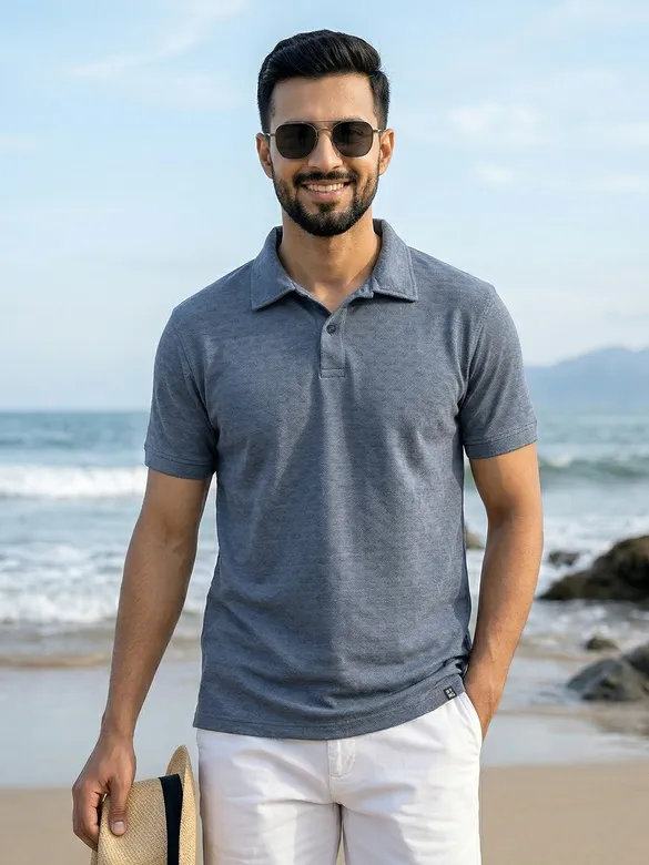 Teal Blue Check Jacquard Textured Polo T-Shirt