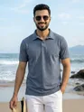Teal Blue Check Jacquard Textured Polo T-Shirt