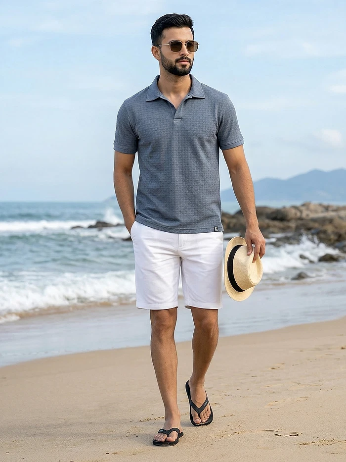 Teal Blue Check Jacquard Textured Polo T-Shirt