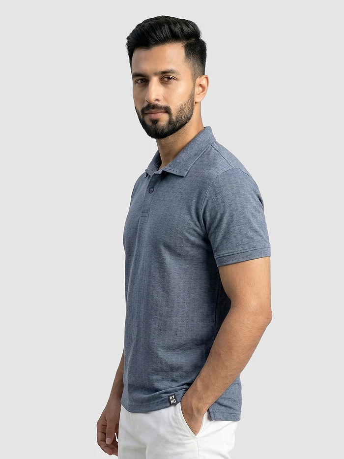 Teal Blue Check Jacquard Textured Polo T-Shirt