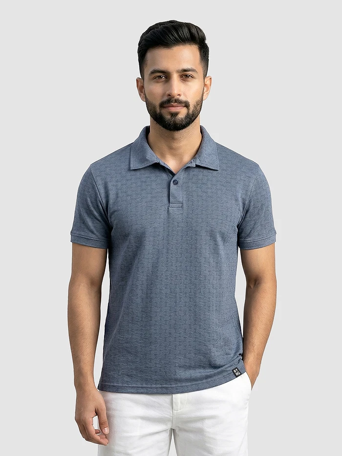 Teal Blue Check Jacquard Textured Polo T-Shirt