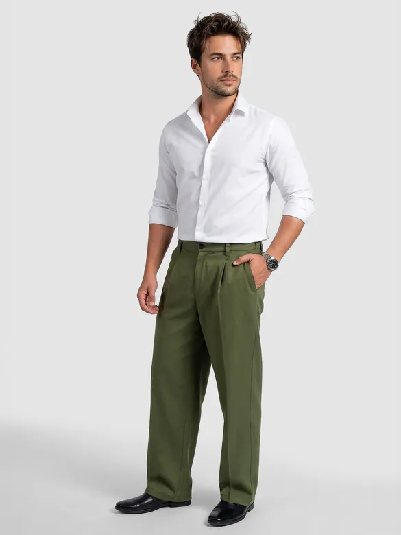 Cedar Green Cotton Slub Pleated Trousers