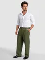 Cedar Green Cotton Slub Pleated Trousers