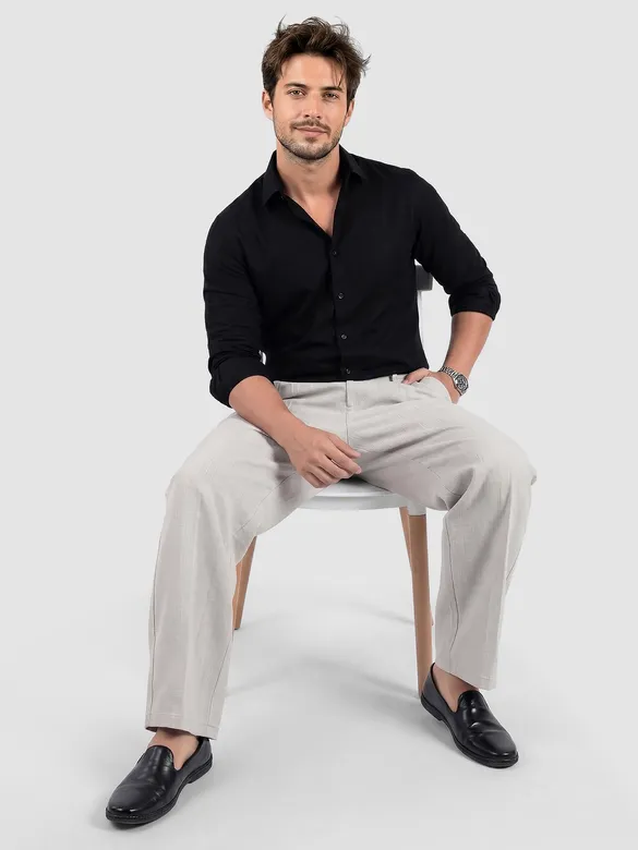 Light Grey Cotton Slub Pleated Trousers