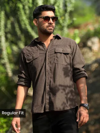 Charcoal Brown Dual Pocket Corduroy Shirt 