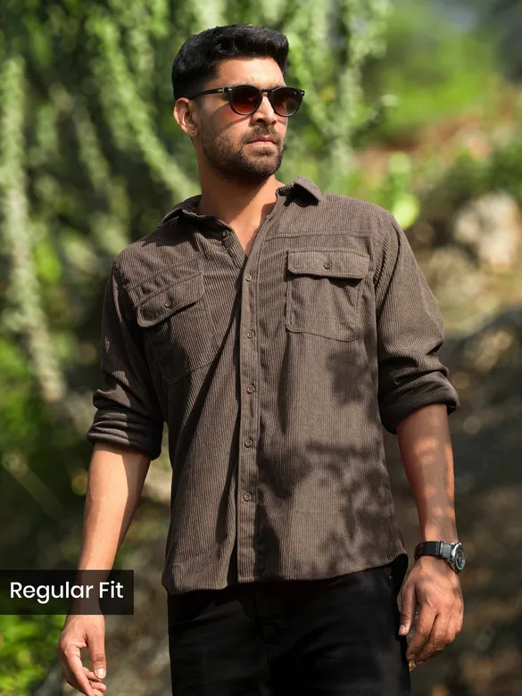 Charcoal Brown Dual Pocket Corduroy Shirt 
