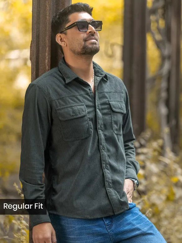 Forest Green Dual Pocket Corduroy Shirt