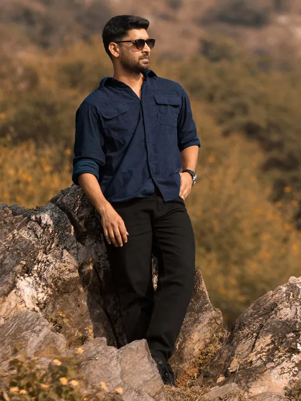 Navy Blue Dual Pocket Corduroy Shirt
