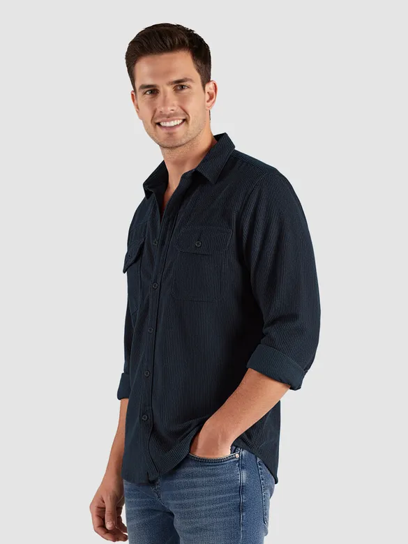 Navy Blue Dual Pocket Corduroy Shirt