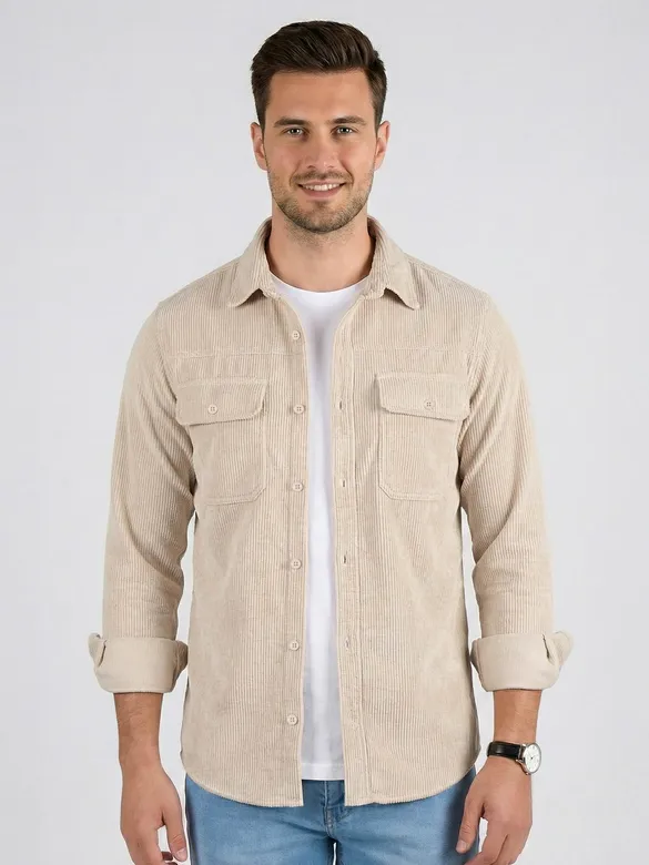 Sand Beige Dual Pocket Corduroy Shirt