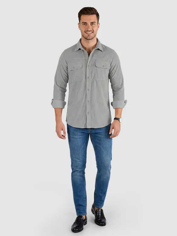 Stone Grey Dual Pocket Corduroy Shirt